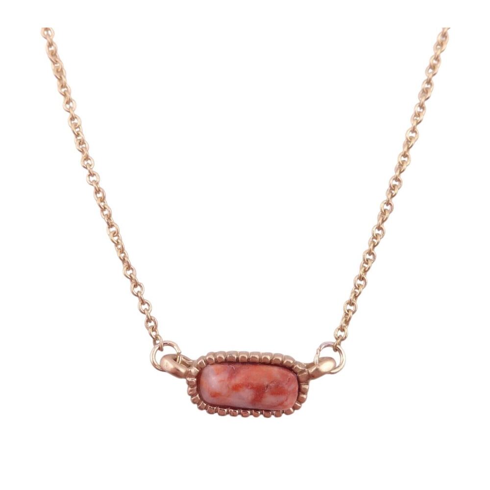Tiny Raw Orange & White Carnelian Mineral Stone Rectangle Goldtone Necklace NWOT